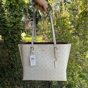 COACH Mollie Tote Bag Womens Large White Signature Logo Handbag w Gold Hardware